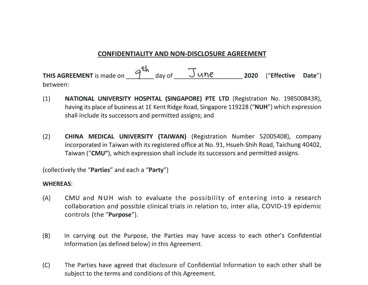 中國醫藥大學與新加坡國立大學醫療體系簽訂Confidentiality and Non-Disclosure Agreement。