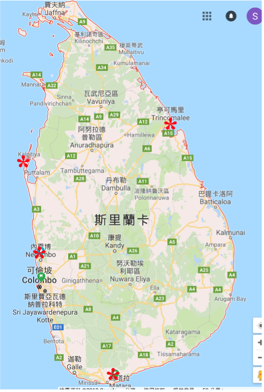 星號城市包含Negombo, Puttalam, Tricomalee 與Matara