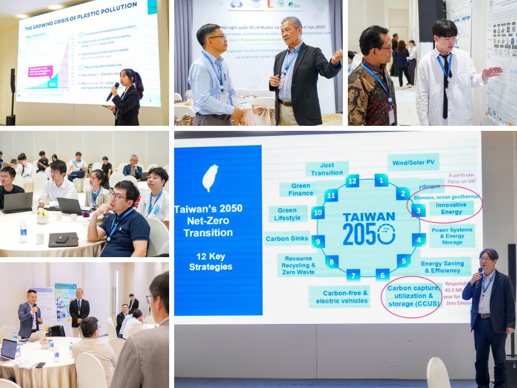 圖 3：ABBS 2025 國際研討會交流情形。下排右：東海大學張嘉修副校長於會中專題演講分享臺灣 2050 淨零排放目標。